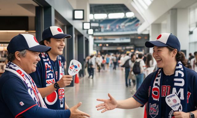 日本と韓国のファンが交流する野球場のコンコース
