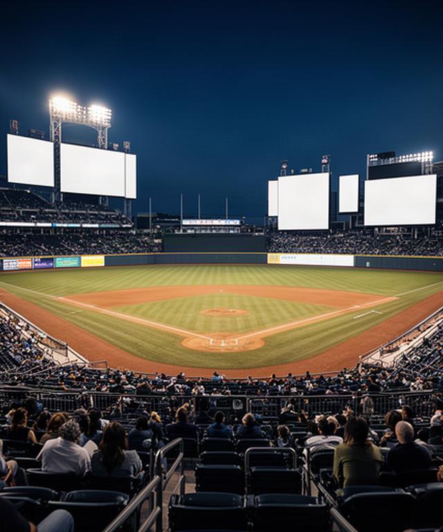 夜の球場内で観客席と外野フェンス広告が見える風景