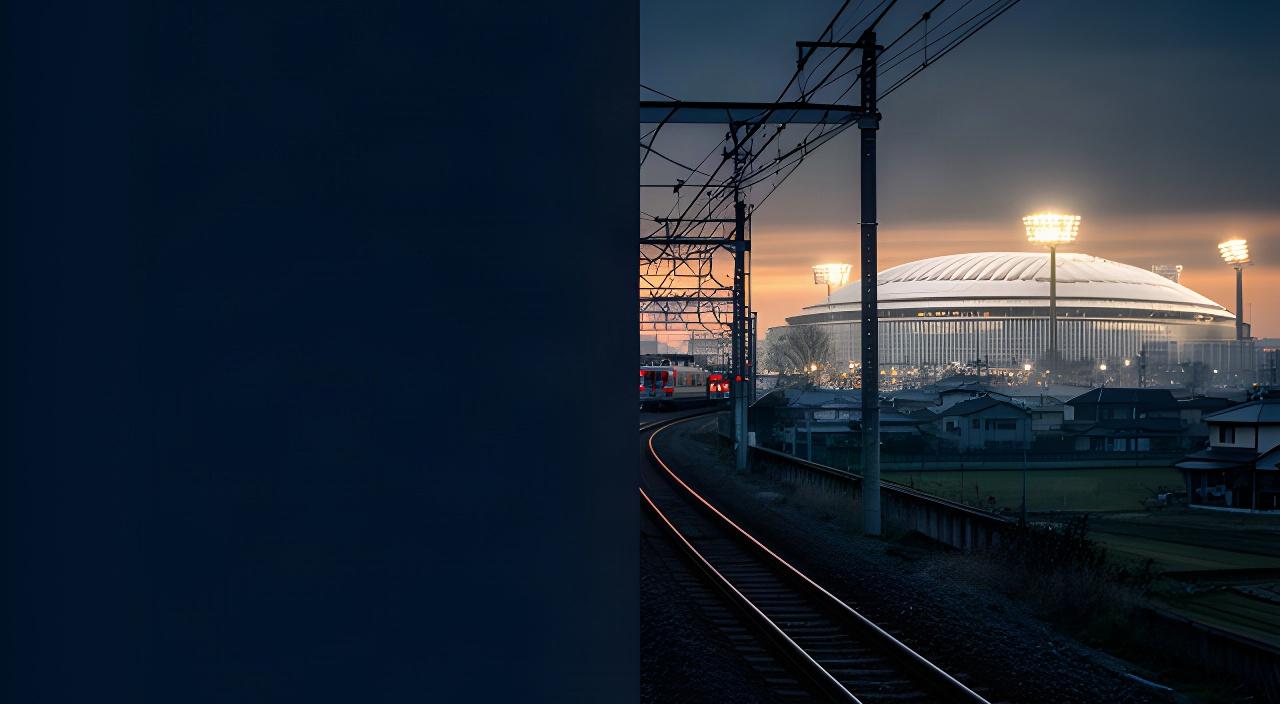 夜明けの東京ドームへ向かう鉄道と球場の照明を望む茨城県の野球遠征風景